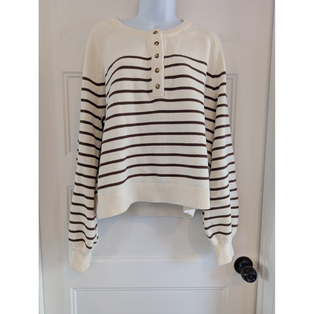 French Connection Mozart Striped Henley Sweater Cream Brown Cotton Size L